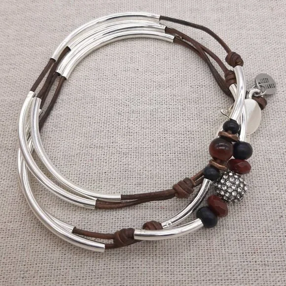 Lizzy James Brown Leather Silver Cat's Eye Gemstone Rhinestone Wrap Bracelet - Picture 5 of 5